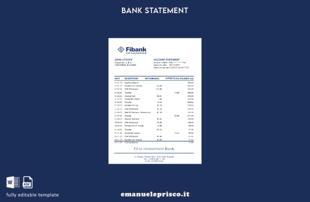 Modello Excel di estratto conto bancario Fibank Bulgaria in stile verificato